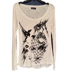 Lauren Moshi Punk Eyes Blouse Women’s White Graphic Scoop Neckline Size XS